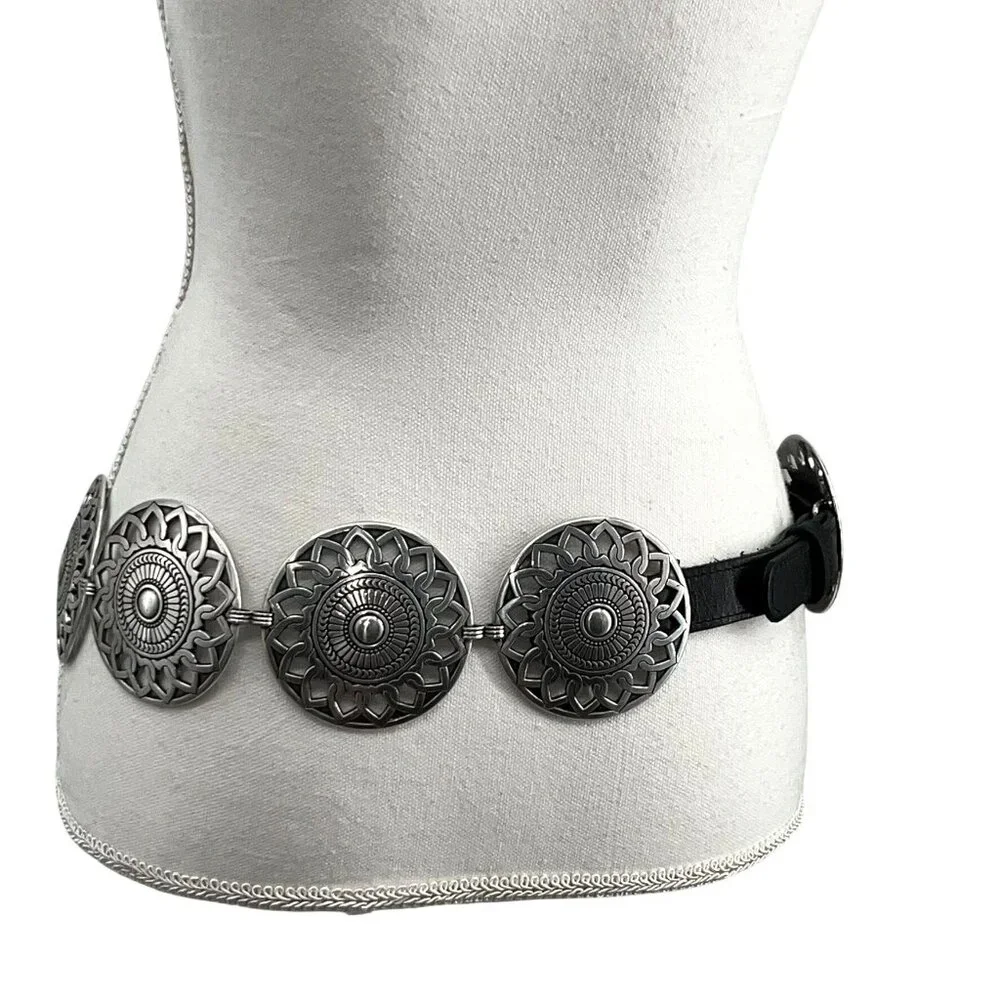 Black Faux Leather Concho Belt Womens 4/6? Boho Southwest Silver Tone Used Y2K - Picture 2 of 16